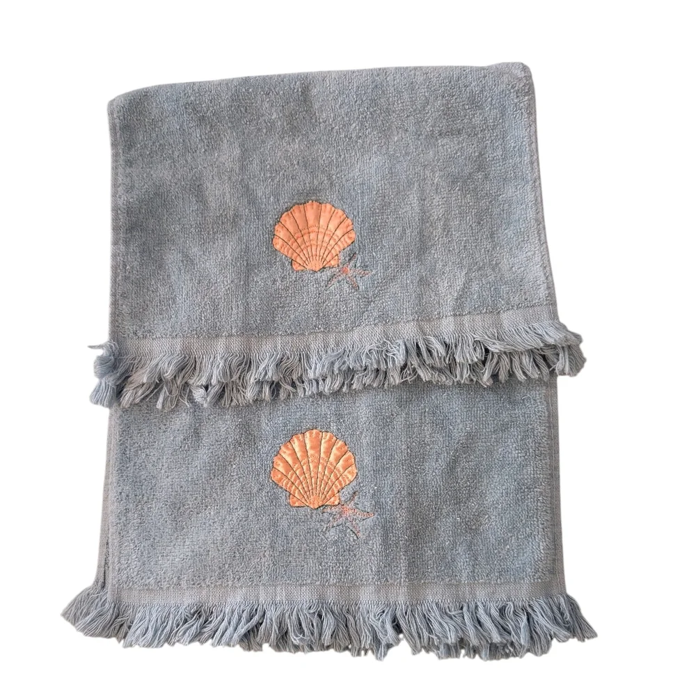 Cannon Vintage Royal 2pc Set Blue Cotton Embroidered Satin Seashell Hand Towels